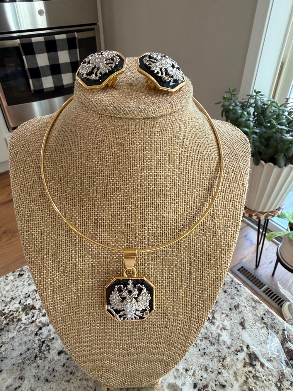 Vintage Joan Rivers Imperial Russian Eagle Black enamel/ rhinestone necklace set